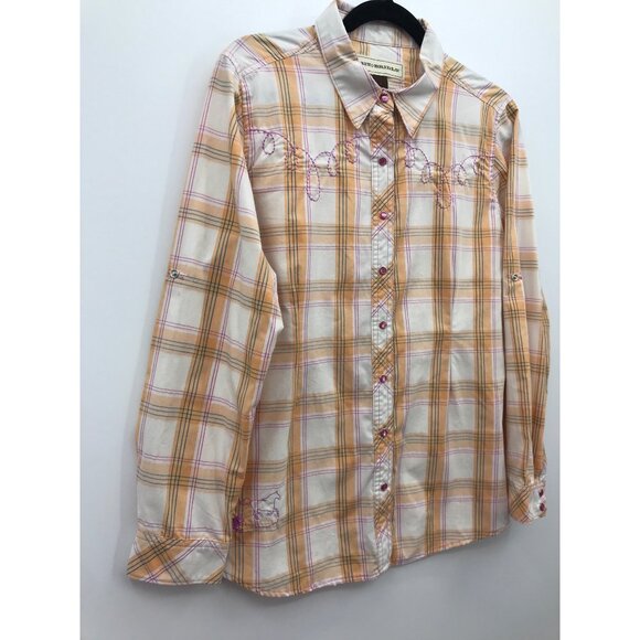 Bit & Bridle Plaid Snap Front Western Horse Embroidered Shirt Orange Pink Large - Picture 2 of 8